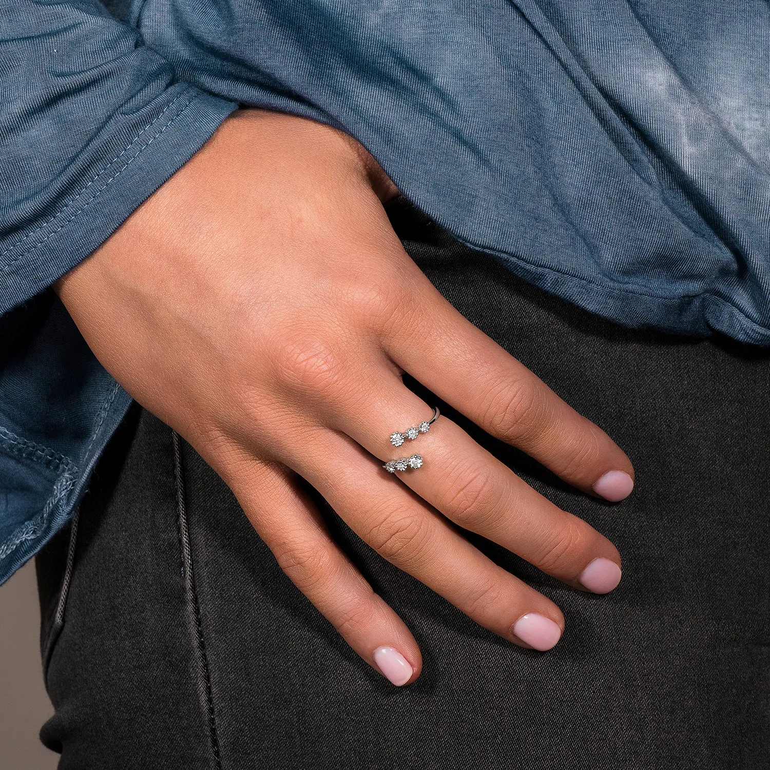 0.23 CTW DEW Moissanite Bypass Fashion Ring in 14K White Gold