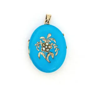 14K Gold and Pearl Blue Enamel Antique Locket