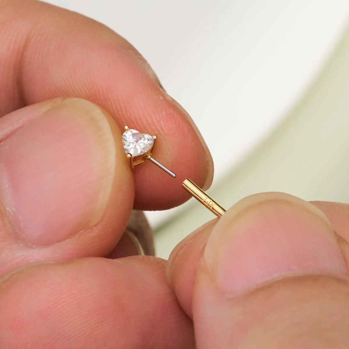 14K Gold Clear Heart CZ Push Pin Nipple Ring Replacement Ends