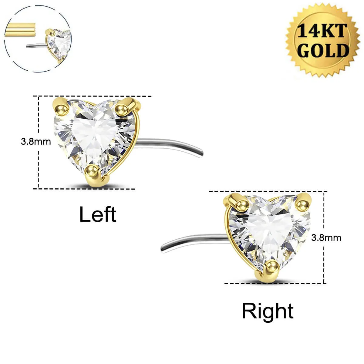 14K Gold Clear Heart CZ Push Pin Nipple Ring Replacement Ends