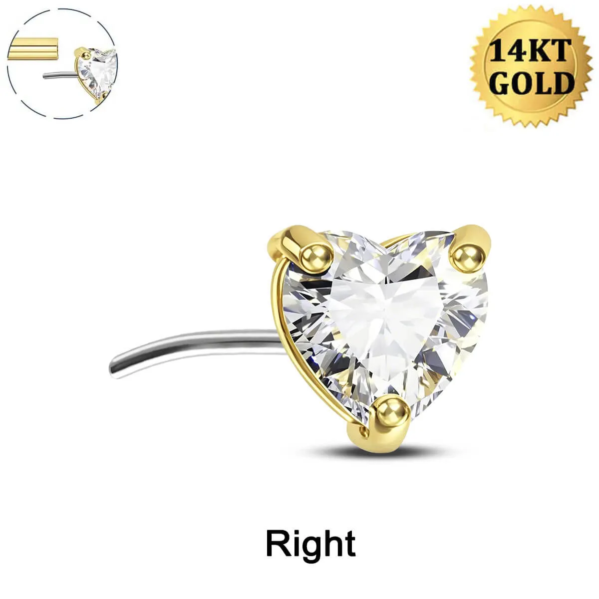 14K Gold Clear Heart CZ Push Pin Nipple Ring Replacement Ends