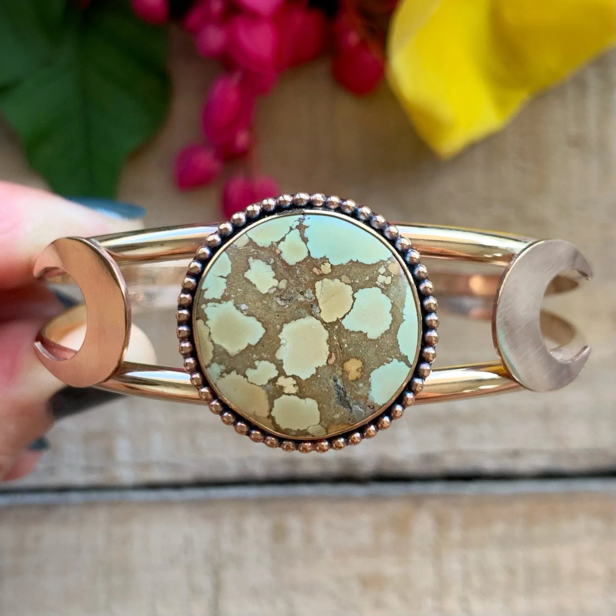 14K gold-fill triple moon cuff with treasure mountain turquoise