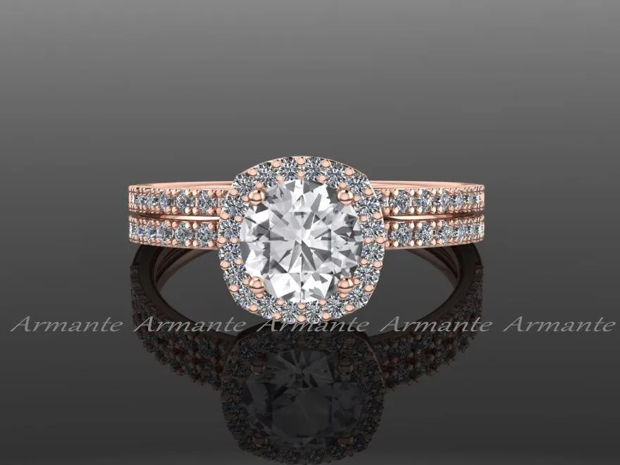 14K Rose Gold White Sapphire Wedding Ring Set