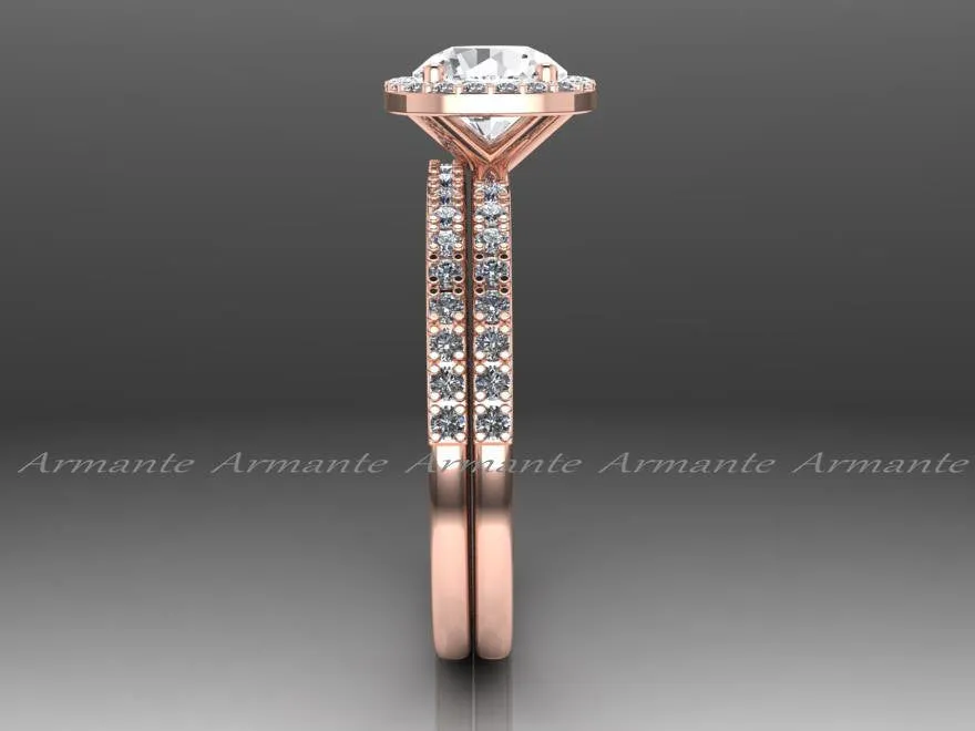 14K Rose Gold White Sapphire Wedding Ring Set