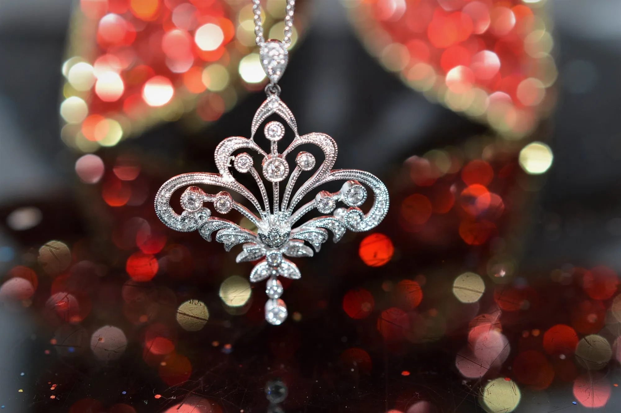 14K White Gold Edwardian Diamond Pendant on an 18" Chain