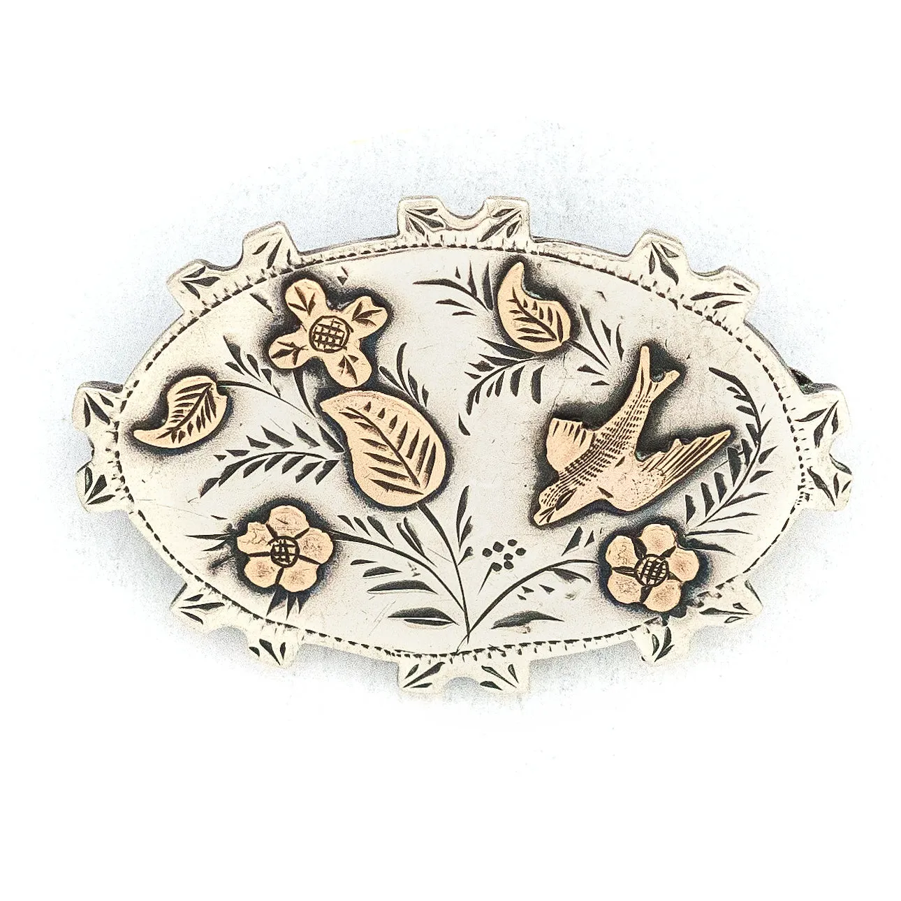 1896 English Silver & 14K Gold Victorian Pin