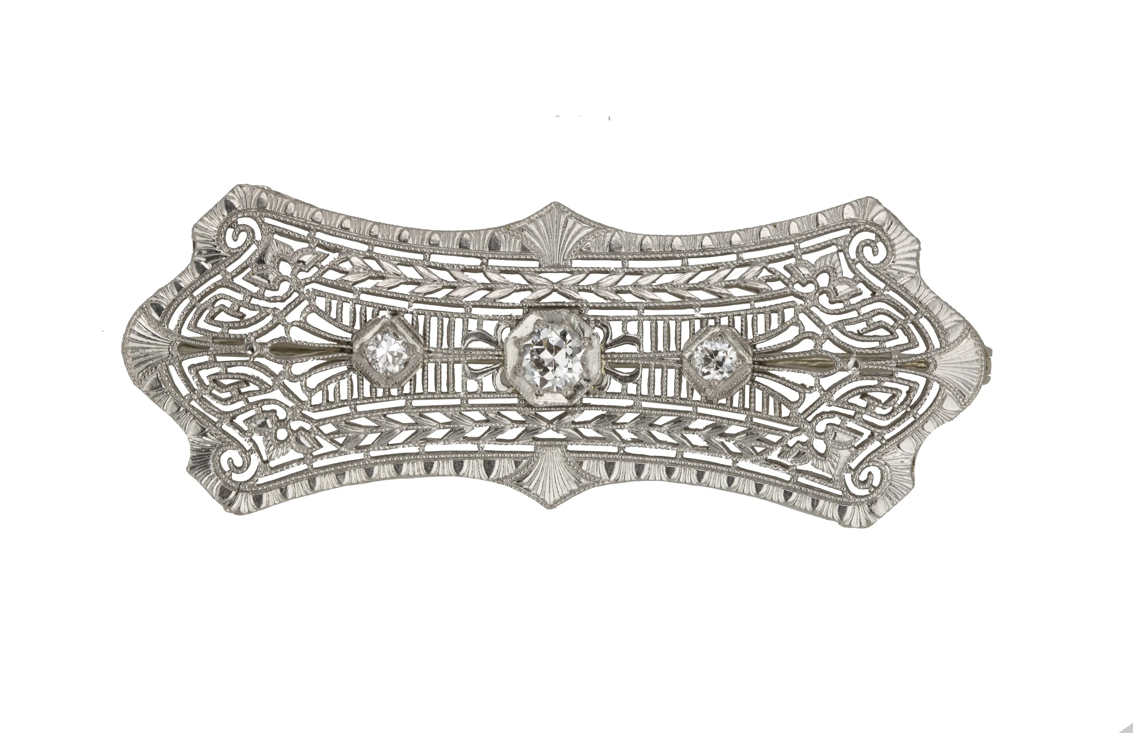 1930's Antique Art Deco 14k White Gold 0.29ctw Diamond Filigree Pin Brooch