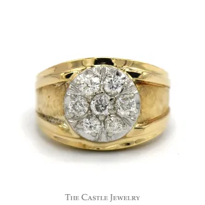 1cttw Round Diamond Cluster Men's Ring with Brushed Textured Sides in 14k Yellow Gold