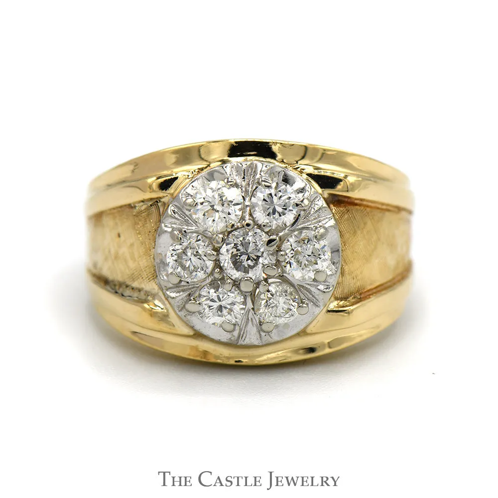 1cttw Round Diamond Cluster Men's Ring with Brushed Textured Sides in 14k Yellow Gold