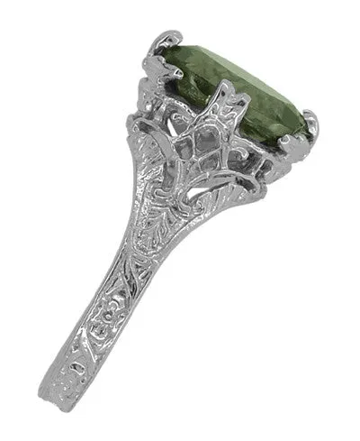 2.32 Carat Edwardian Filigree Leaves Oval Green Tourmaline Ring in 14K White Gold