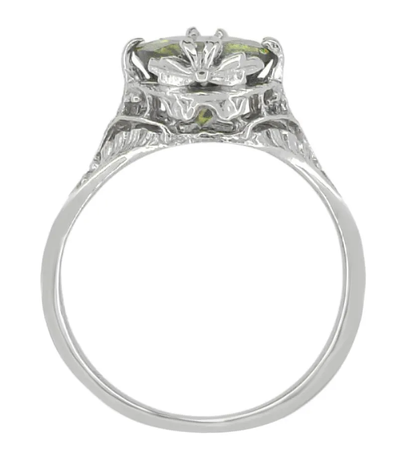 2.32 Carat Edwardian Filigree Leaves Oval Green Tourmaline Ring in 14K White Gold
