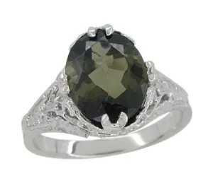 2.32 Carat Edwardian Filigree Leaves Oval Green Tourmaline Ring in 14K White Gold