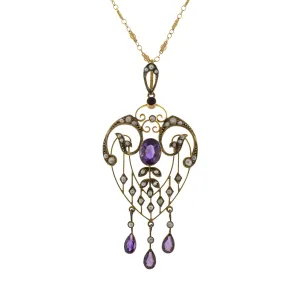 ~2.51ctw Edwardian Art Nouveau Pearl and Amethyst Heart Pendant and Chain