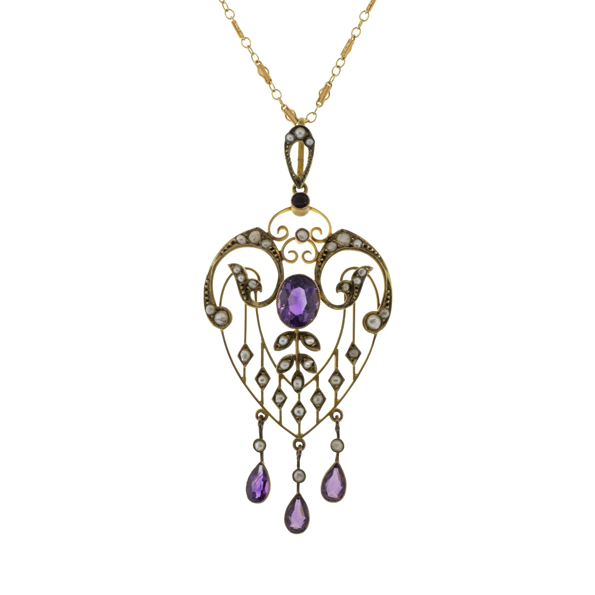 ~2.51ctw Edwardian Art Nouveau Pearl and Amethyst Heart Pendant and Chain