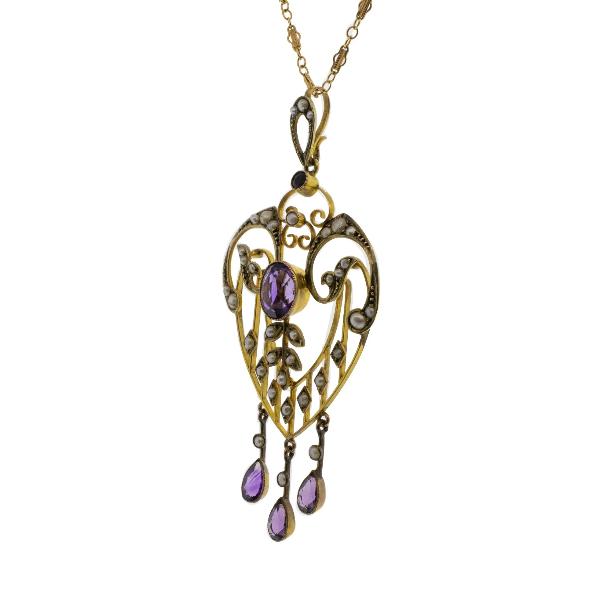 ~2.51ctw Edwardian Art Nouveau Pearl and Amethyst Heart Pendant and Chain