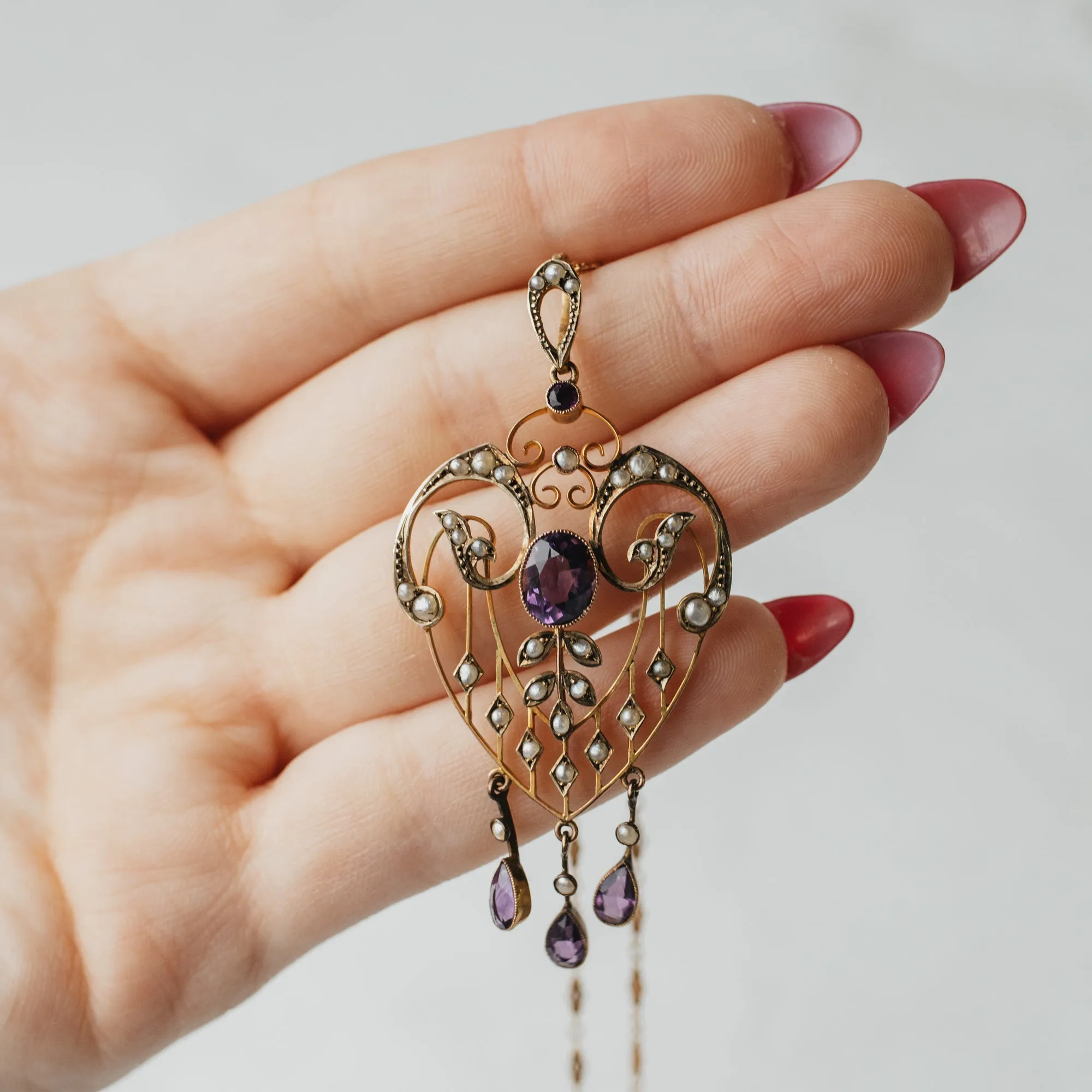 ~2.51ctw Edwardian Art Nouveau Pearl and Amethyst Heart Pendant and Chain