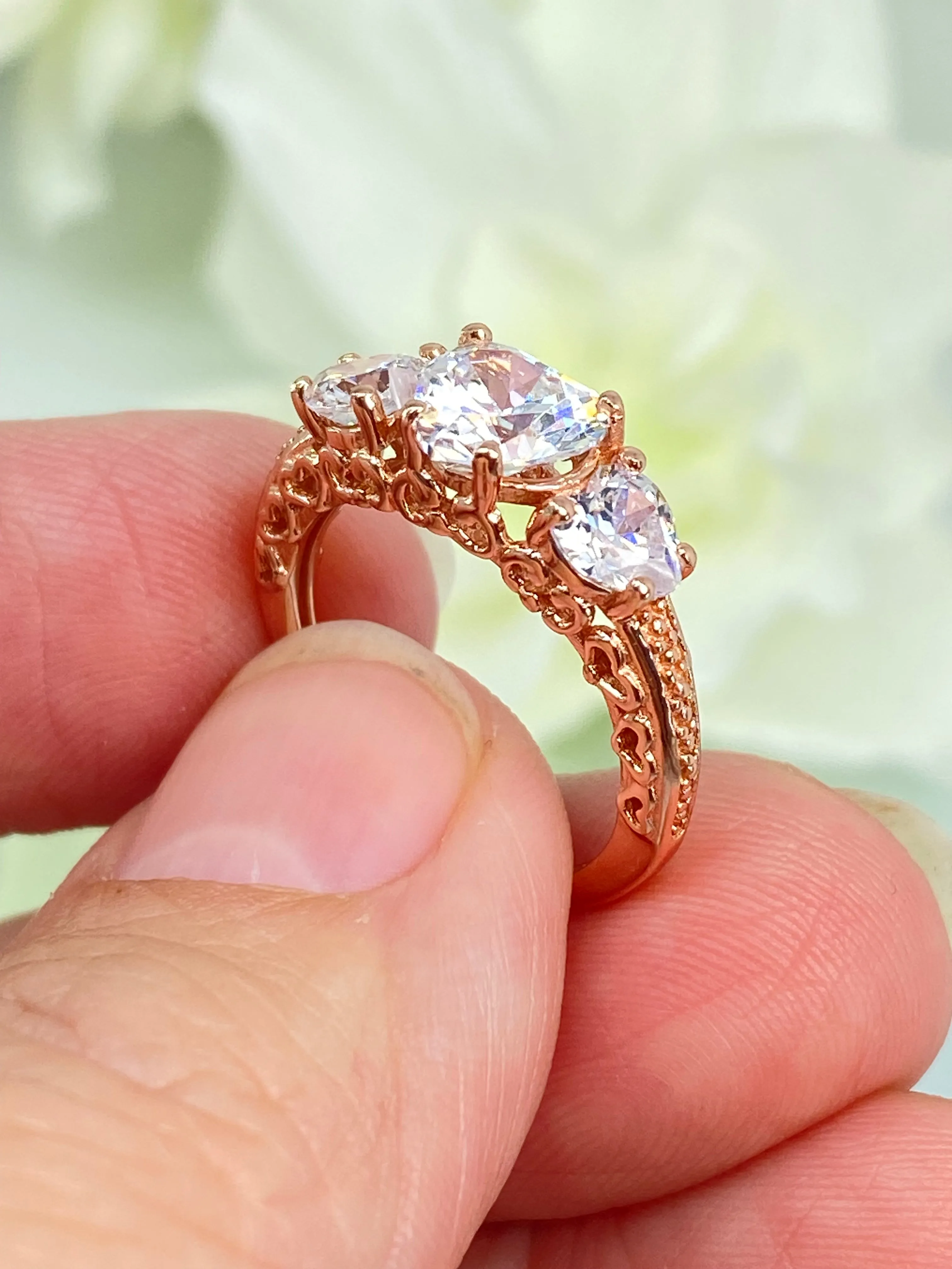 3 Hearts Ring, White CZ Gemstones, Rose Gold Vintage Jewelry Design#D143
