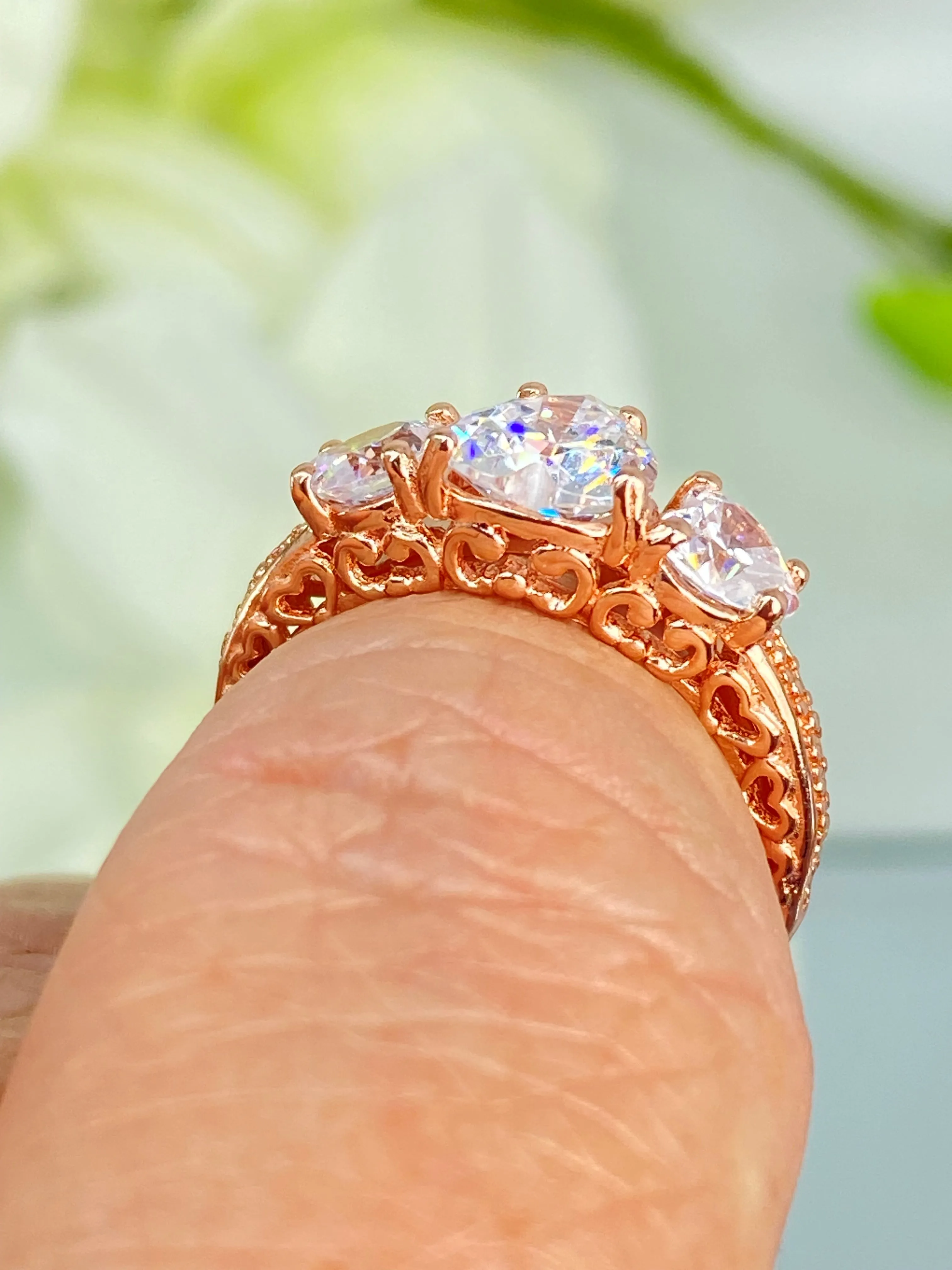 3 Hearts Ring, White CZ Gemstones, Rose Gold Vintage Jewelry Design#D143
