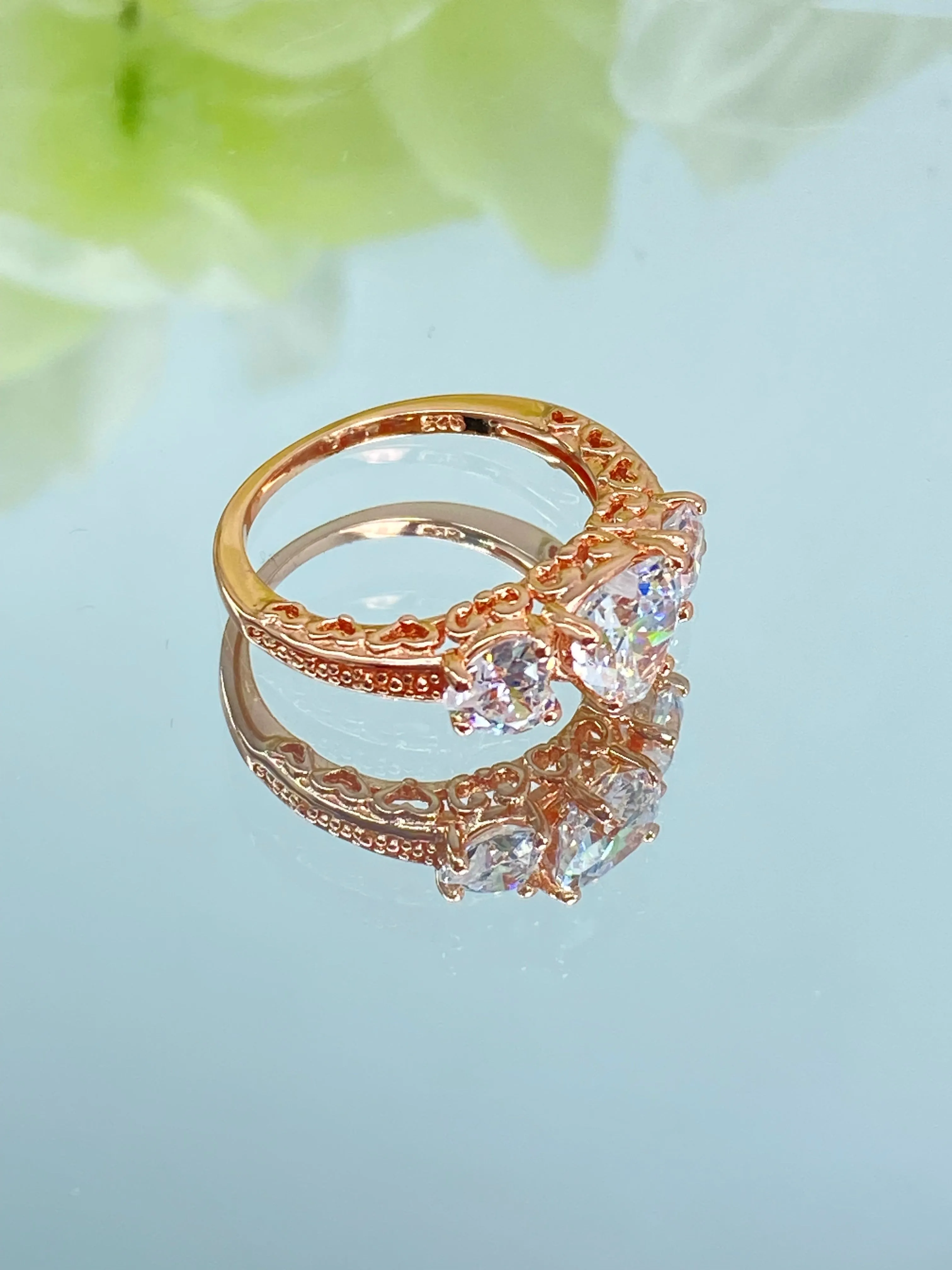 3 Hearts Ring, White CZ Gemstones, Rose Gold Vintage Jewelry Design#D143