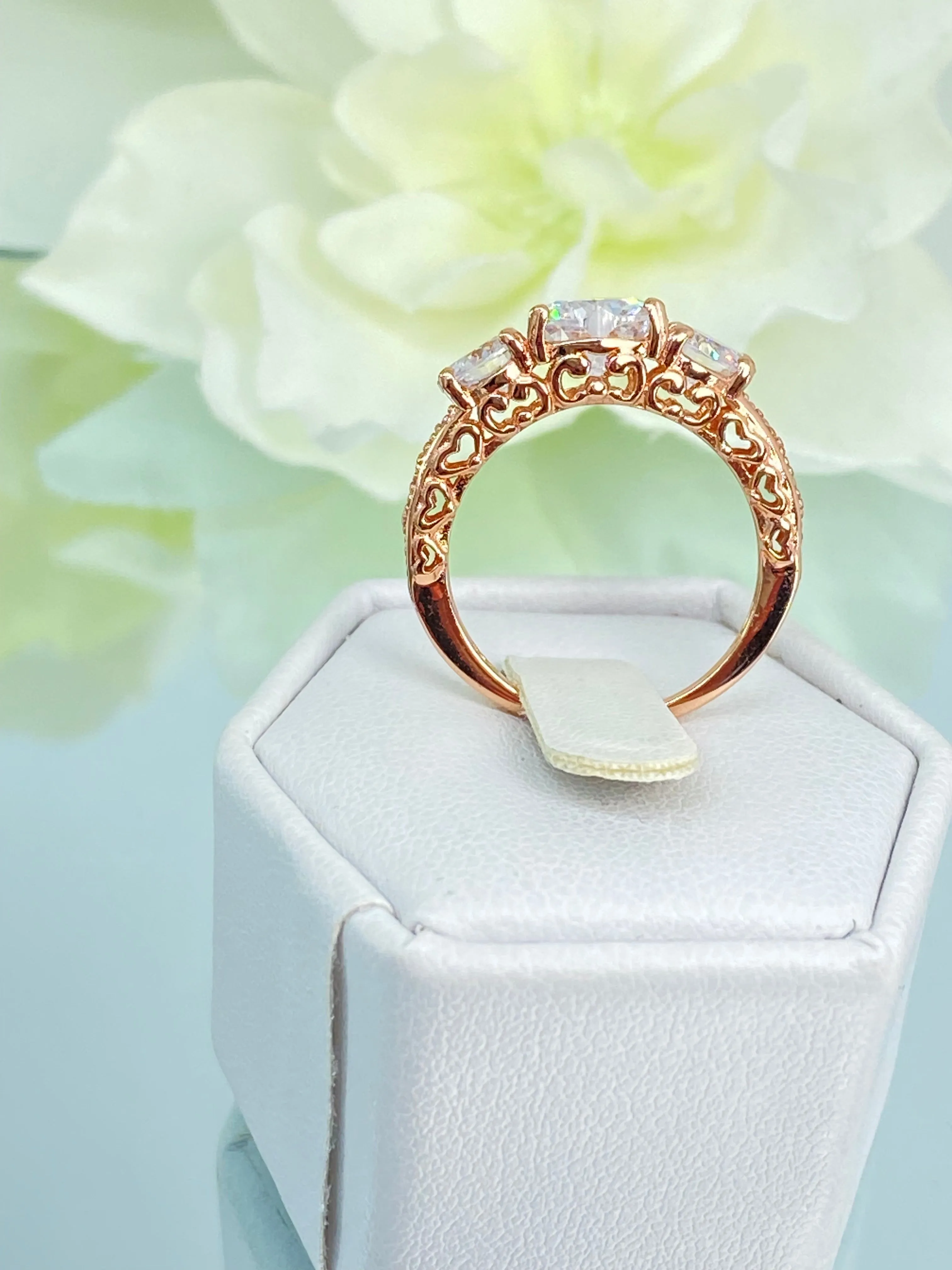 3 Hearts Ring, White CZ Gemstones, Rose Gold Vintage Jewelry Design#D143