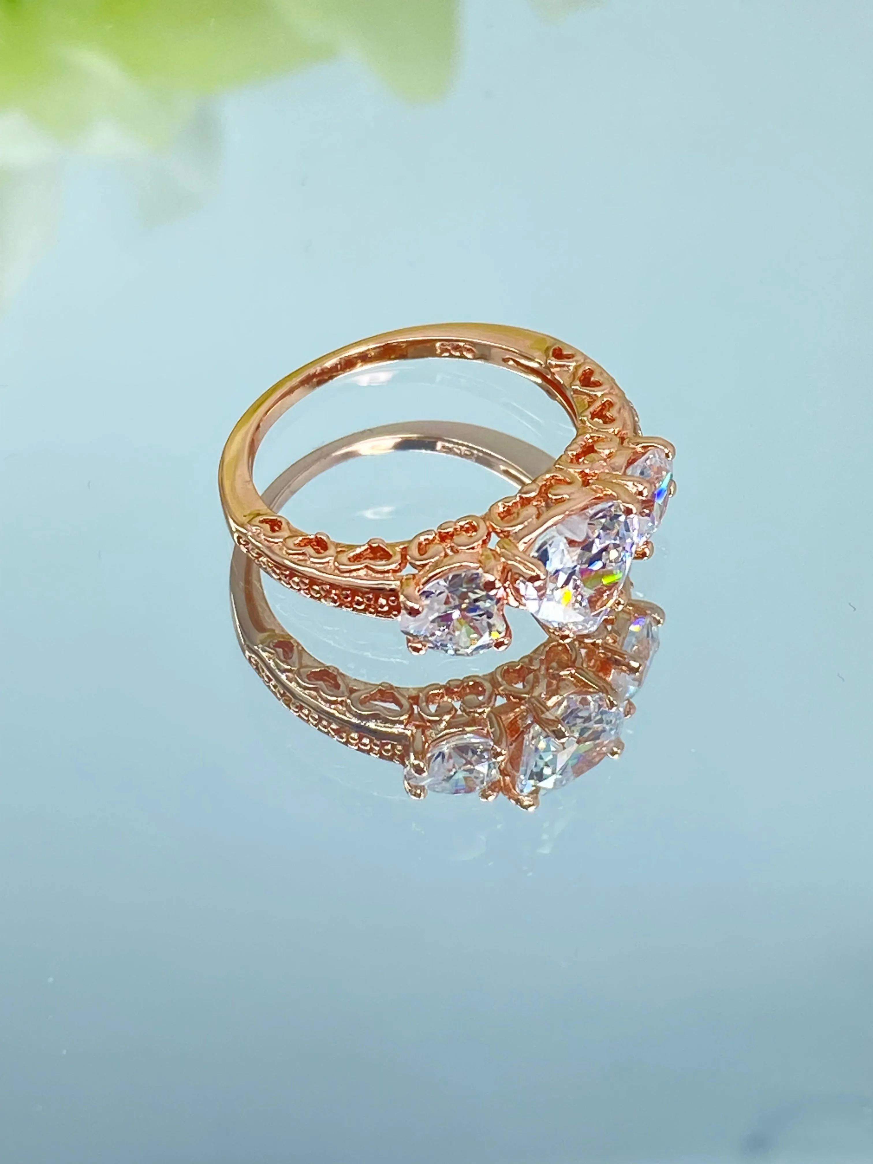 3 Hearts Ring, White CZ Gemstones, Rose Gold Vintage Jewelry Design#D143