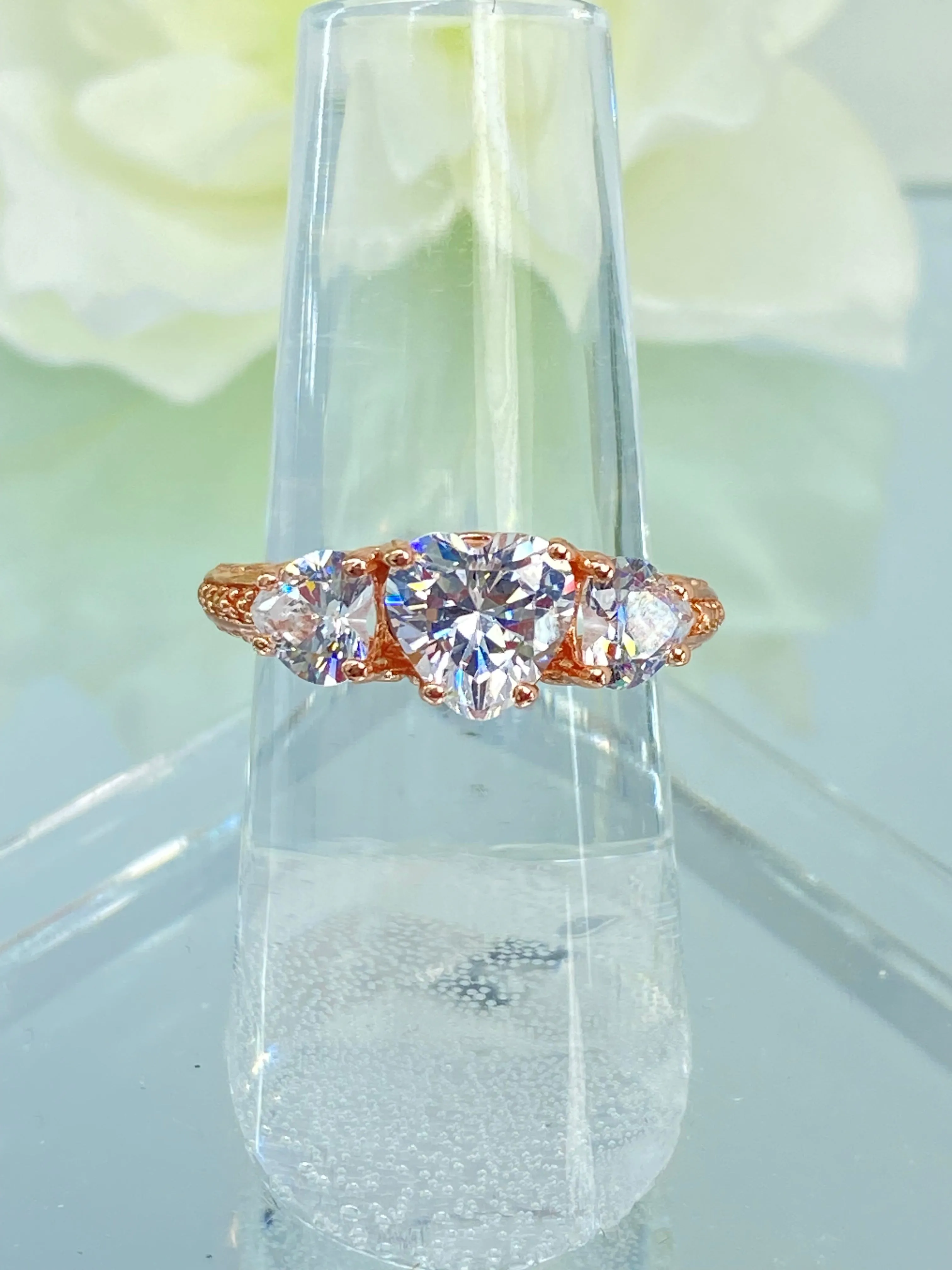 3 Hearts Ring, White CZ Gemstones, Rose Gold Vintage Jewelry Design#D143