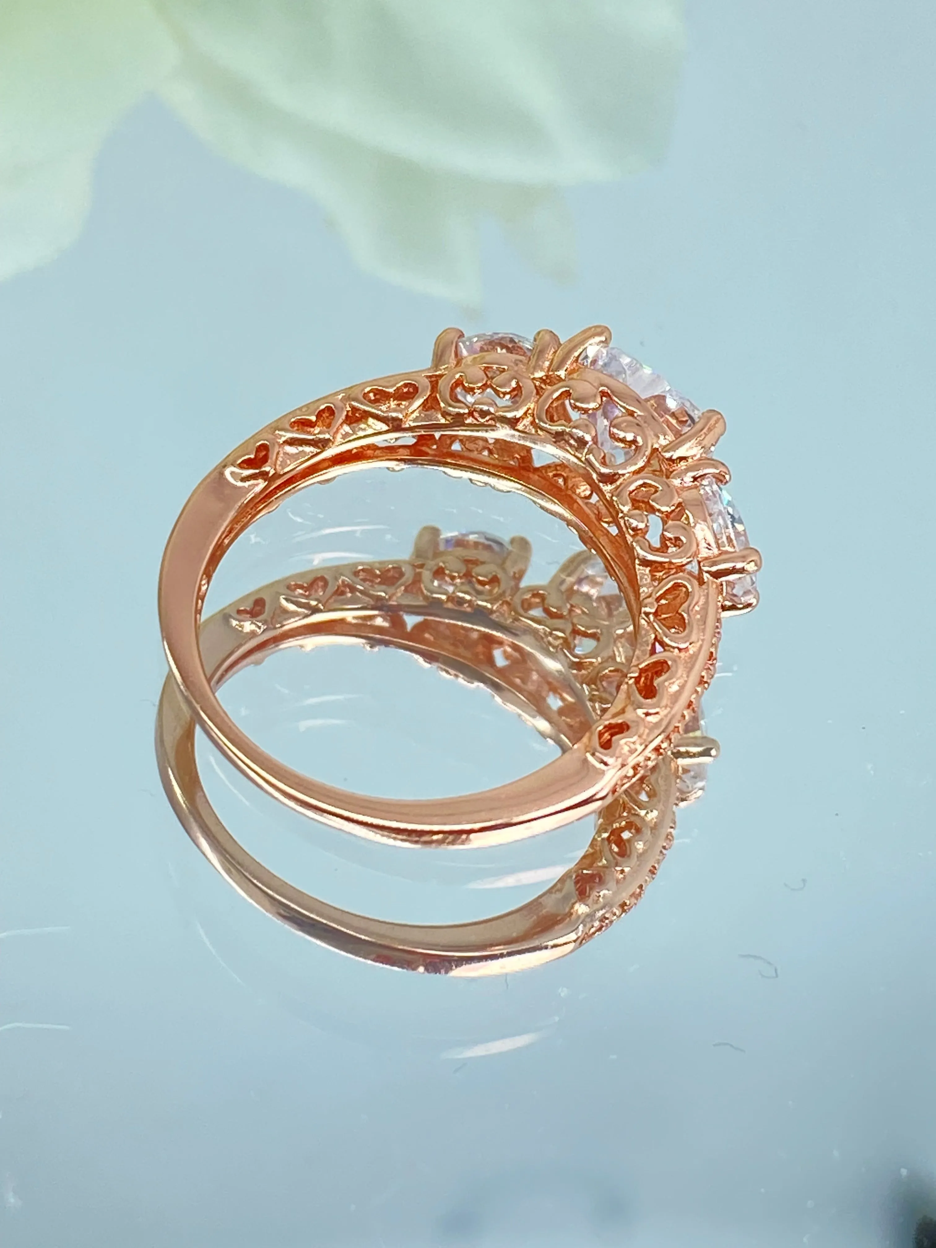 3 Hearts Ring, White CZ Gemstones, Rose Gold Vintage Jewelry Design#D143