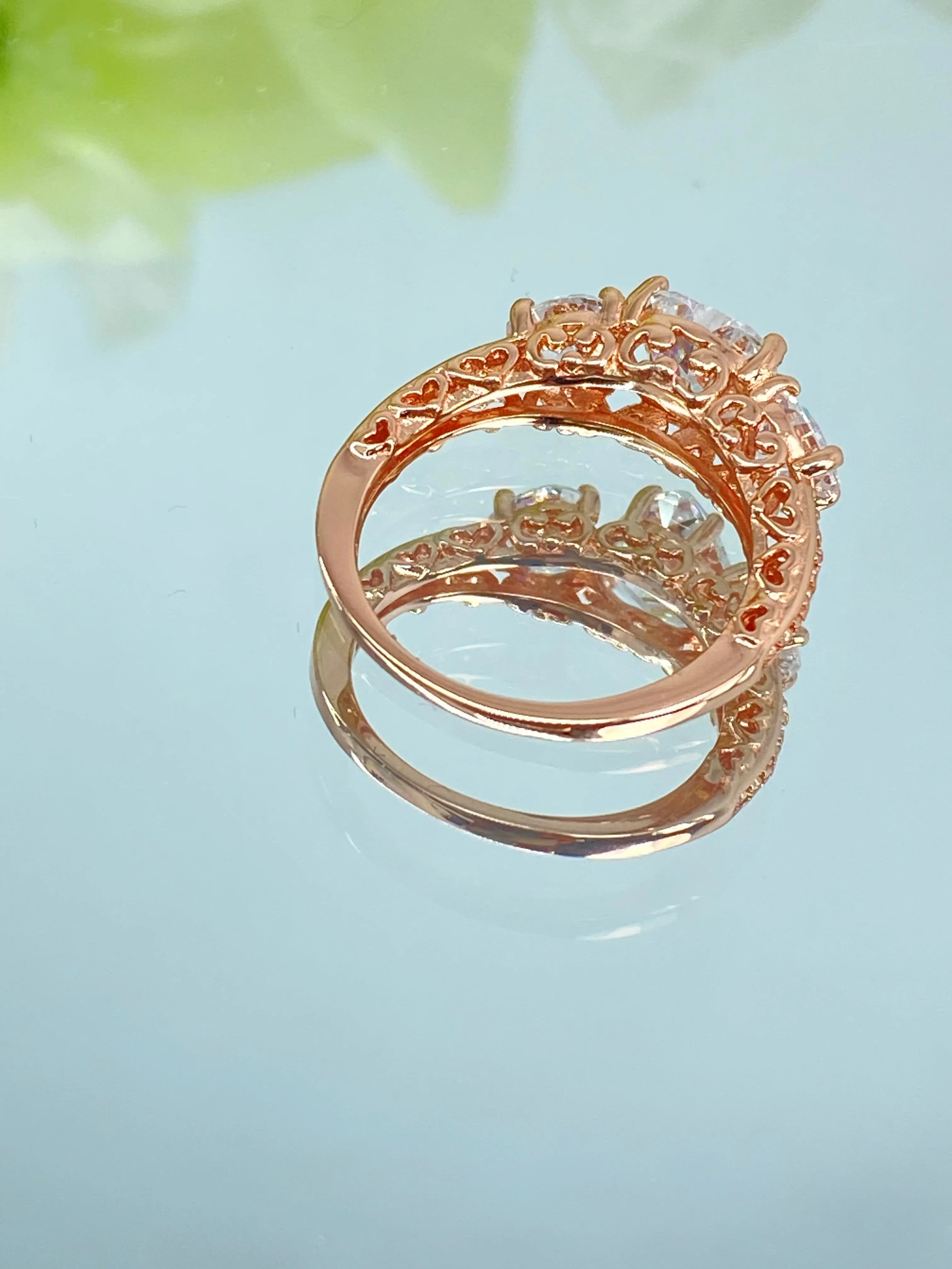 3 Hearts Ring, White CZ Gemstones, Rose Gold Vintage Jewelry Design#D143