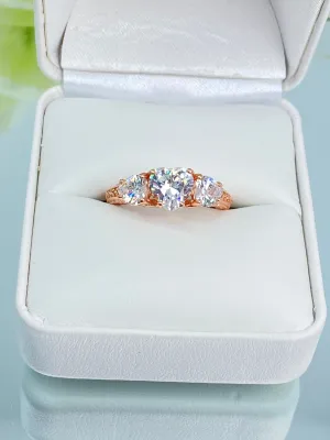 3 Hearts Ring, White CZ Gemstones, Rose Gold Vintage Jewelry Design#D143