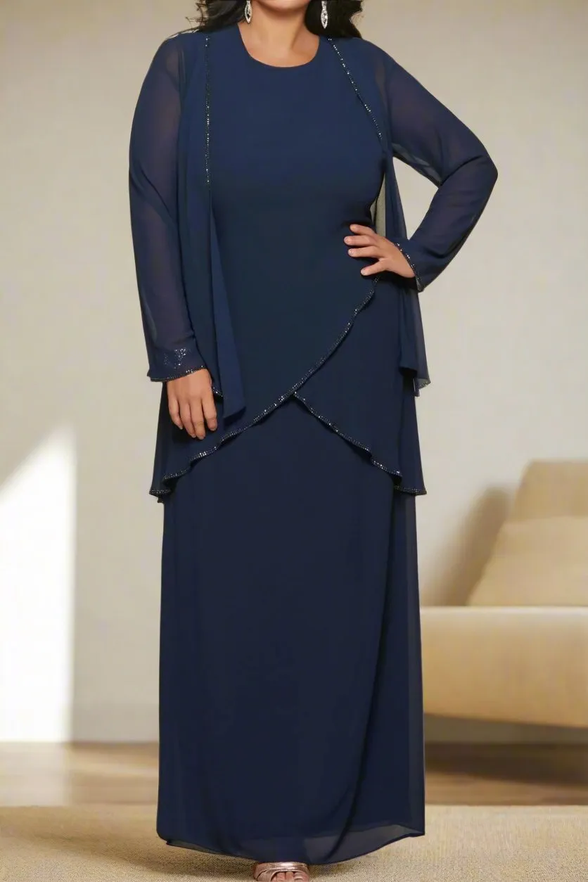 3 Pieces Dark Navy Round Neck Chiffon Mother of The Bride Dresses