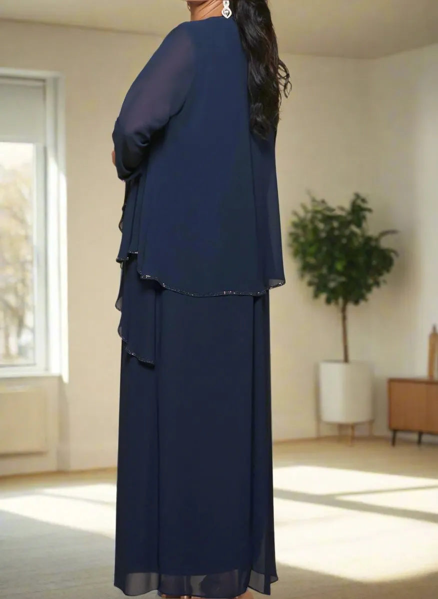 3 Pieces Dark Navy Round Neck Chiffon Mother of The Bride Dresses