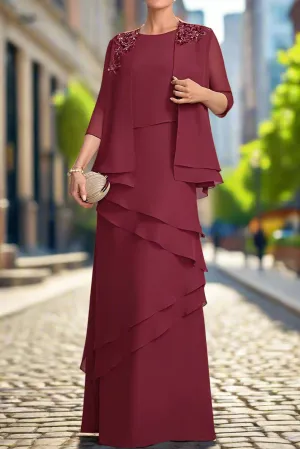 3/4 Sleeve Burgundy Two Piece A-Line Mother of the Bride Dress