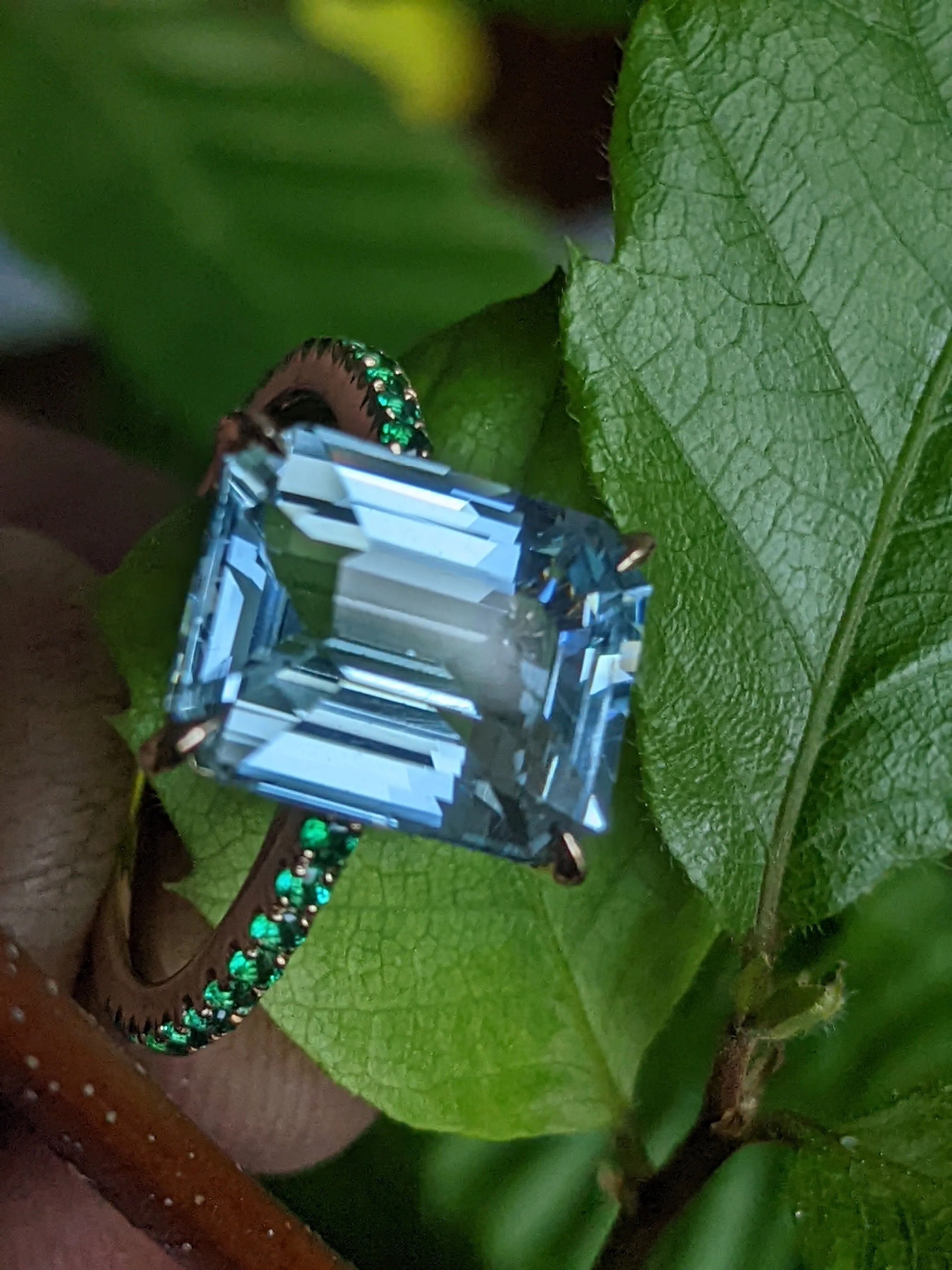 6.21 Carat Emerald Aquamarine Pave Emeralds 18 Karat Rose Gold Cocktail Ring