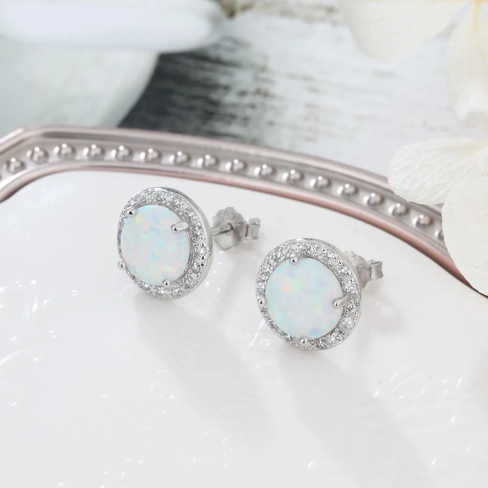 925 Sterling Silver Fashion Earrings for Women – 10mm Blue Opal Stone – Ocean Style Stud Earrings – Trendy Jewelry Gift for Her