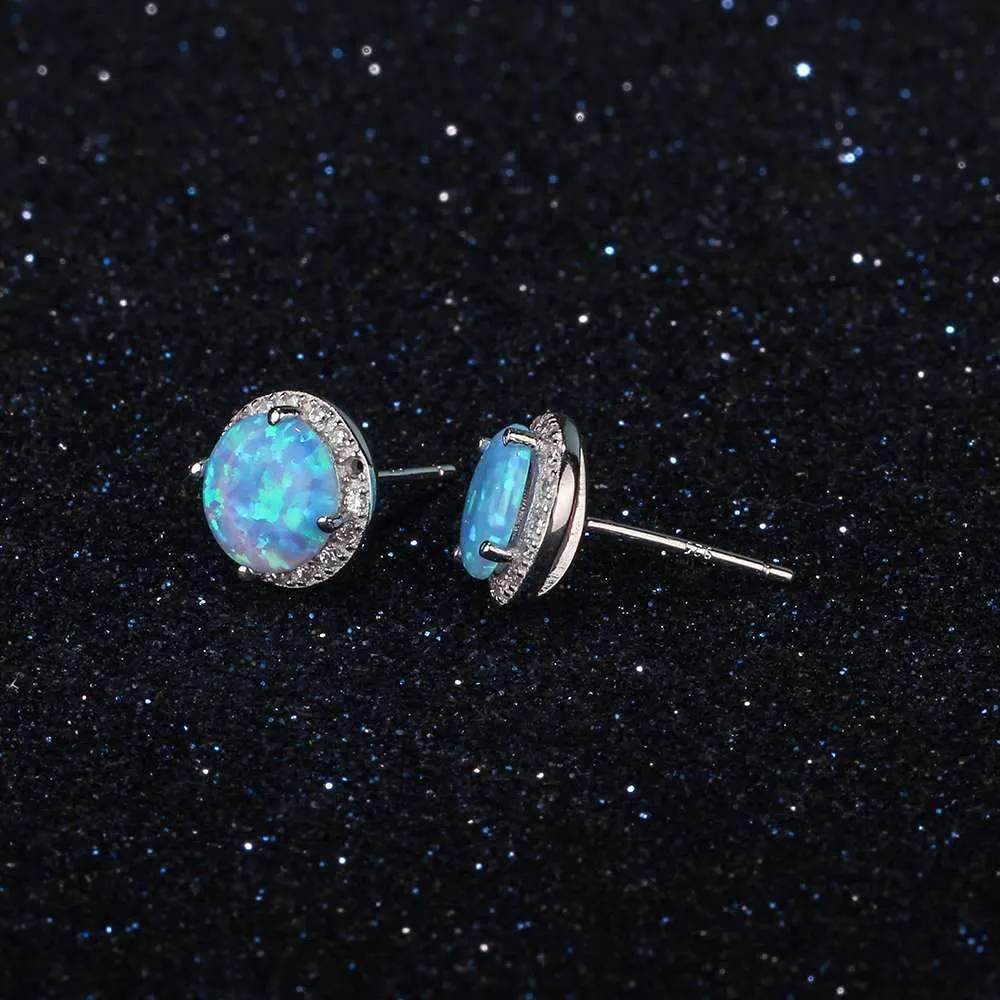 925 Sterling Silver Fashion Earrings for Women – 10mm Blue Opal Stone – Ocean Style Stud Earrings – Trendy Jewelry Gift for Her