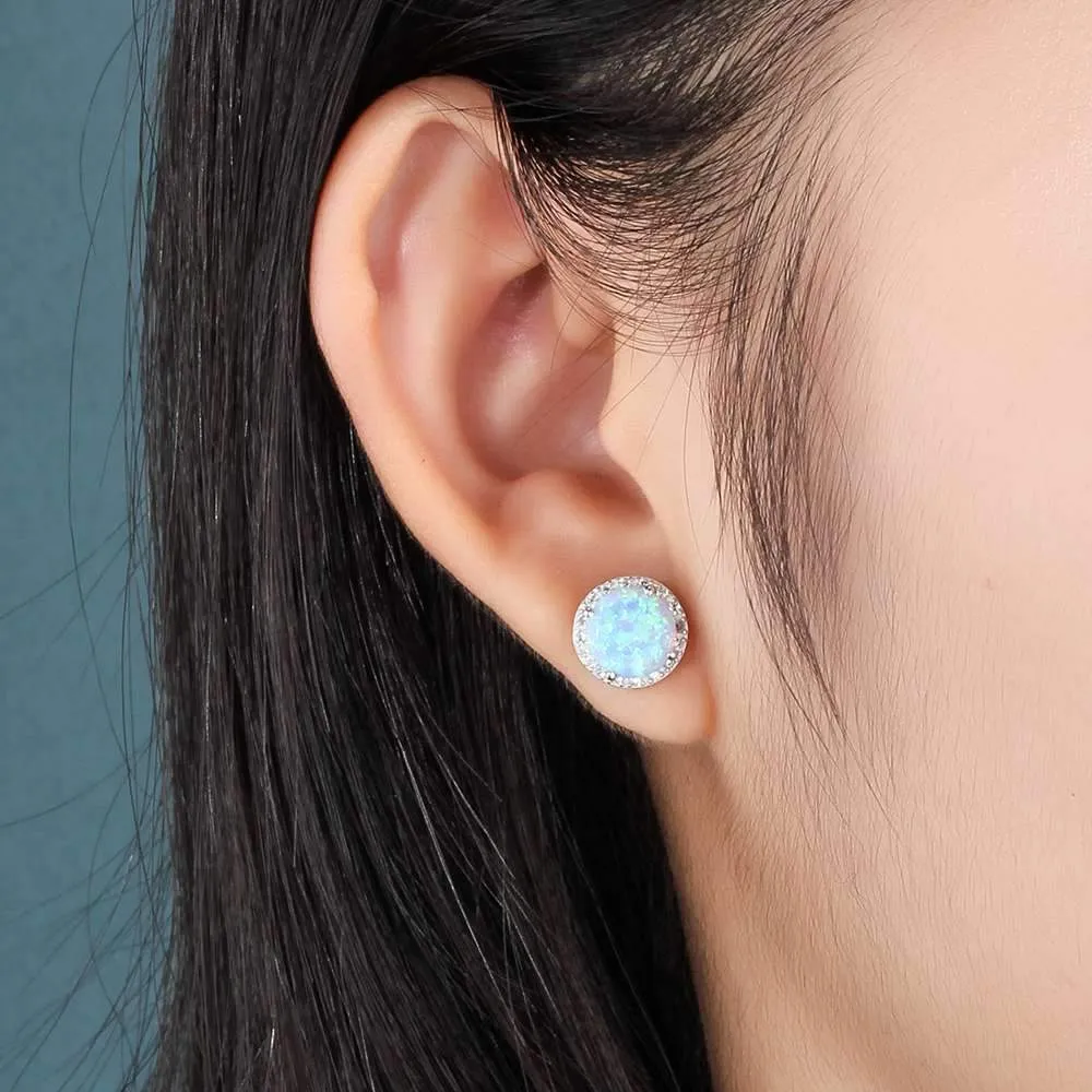 925 Sterling Silver Fashion Earrings for Women – 10mm Blue Opal Stone – Ocean Style Stud Earrings – Trendy Jewelry Gift for Her