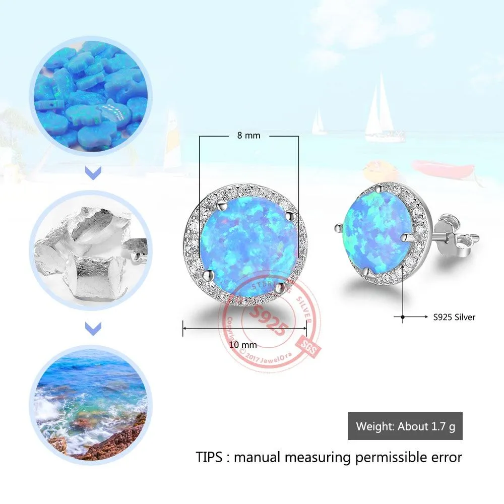 925 Sterling Silver Fashion Earrings for Women – 10mm Blue Opal Stone – Ocean Style Stud Earrings – Trendy Jewelry Gift for Her