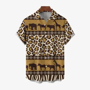 African Savannah Wildlife Print Casual Short Sleeve Shirt 2404001397