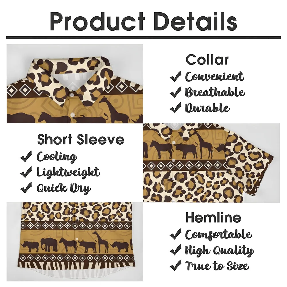 African Savannah Wildlife Print Casual Short Sleeve Shirt 2404001397
