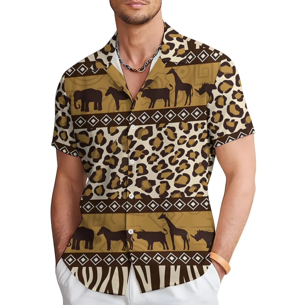 African Savannah Wildlife Print Casual Short Sleeve Shirt 2404001397