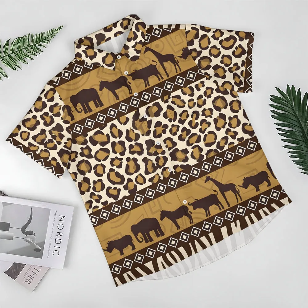 African Savannah Wildlife Print Casual Short Sleeve Shirt 2404001397