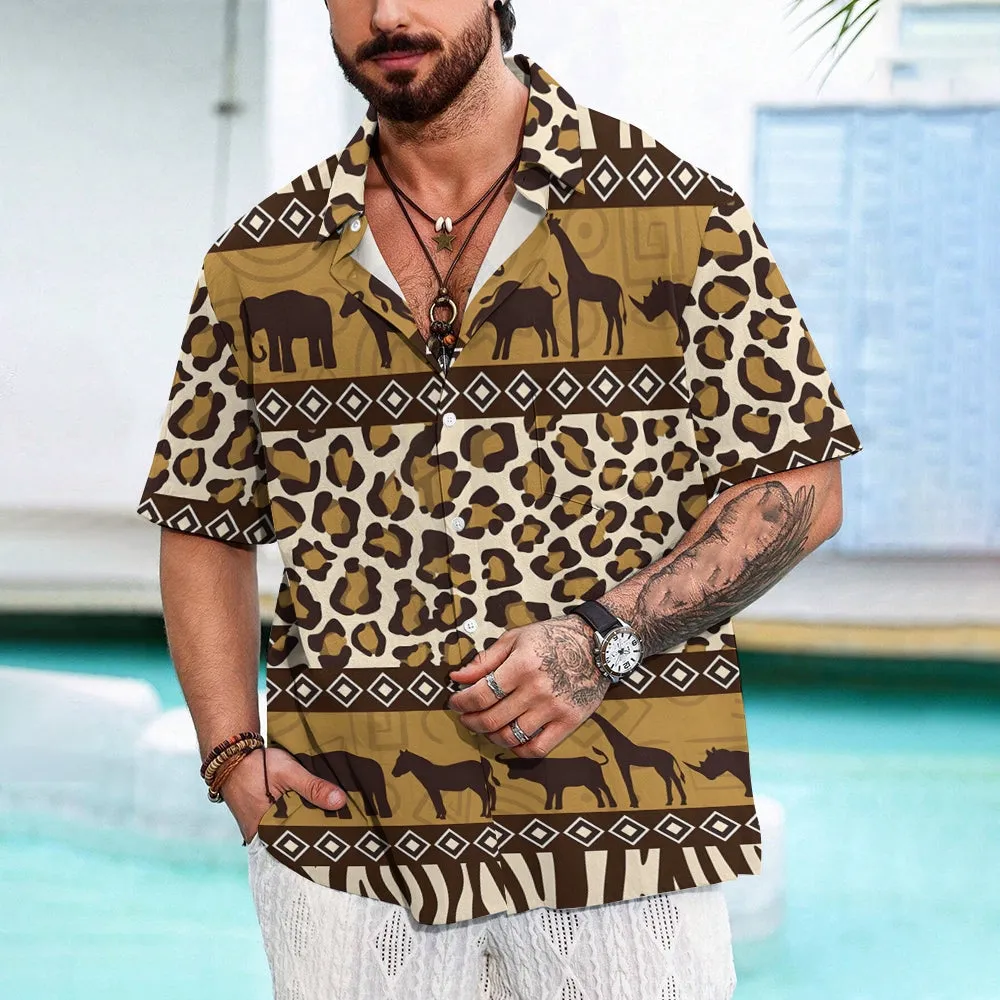 African Savannah Wildlife Print Casual Short Sleeve Shirt 2404001397