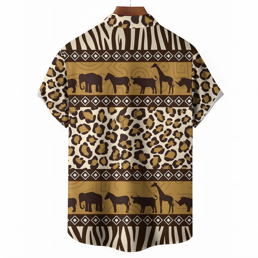 African Savannah Wildlife Print Casual Short Sleeve Shirt 2404001397