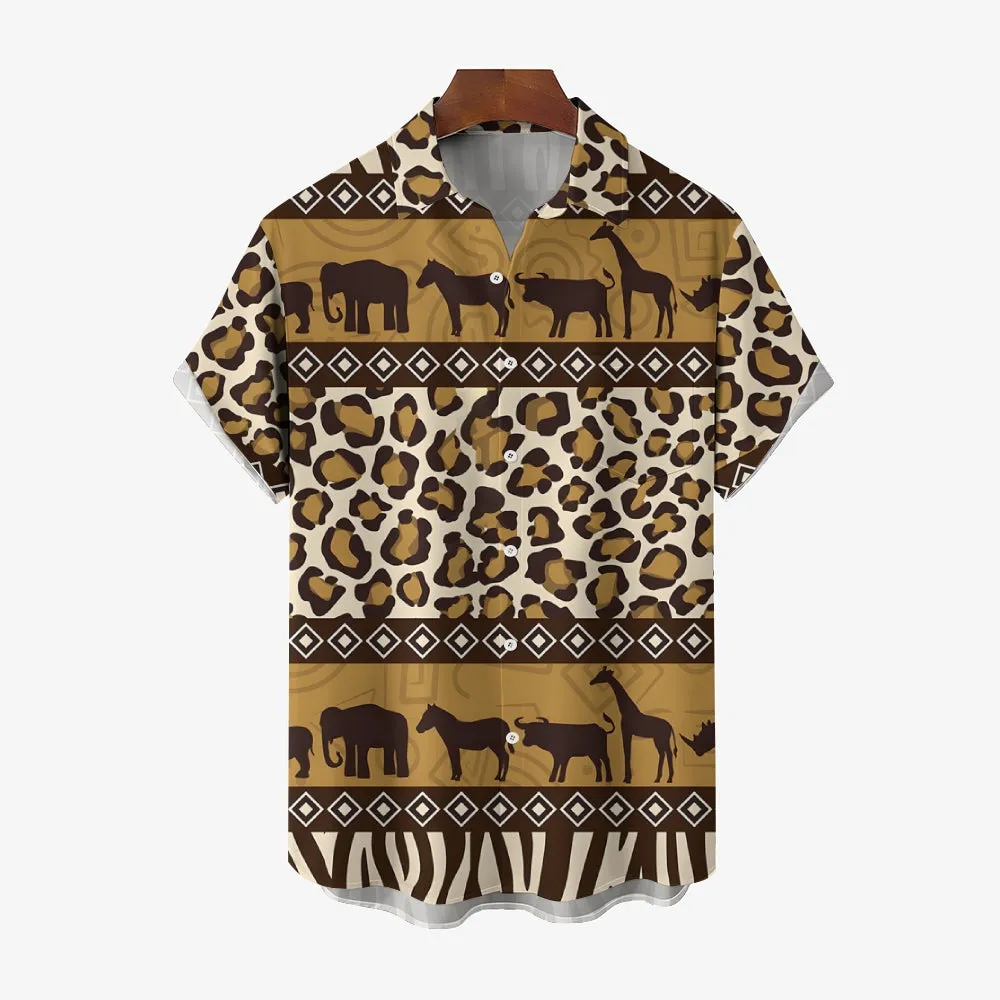 African Savannah Wildlife Print Casual Short Sleeve Shirt 2404001397