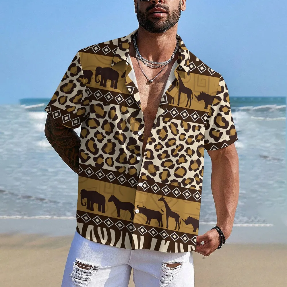 African Savannah Wildlife Print Casual Short Sleeve Shirt 2404001397