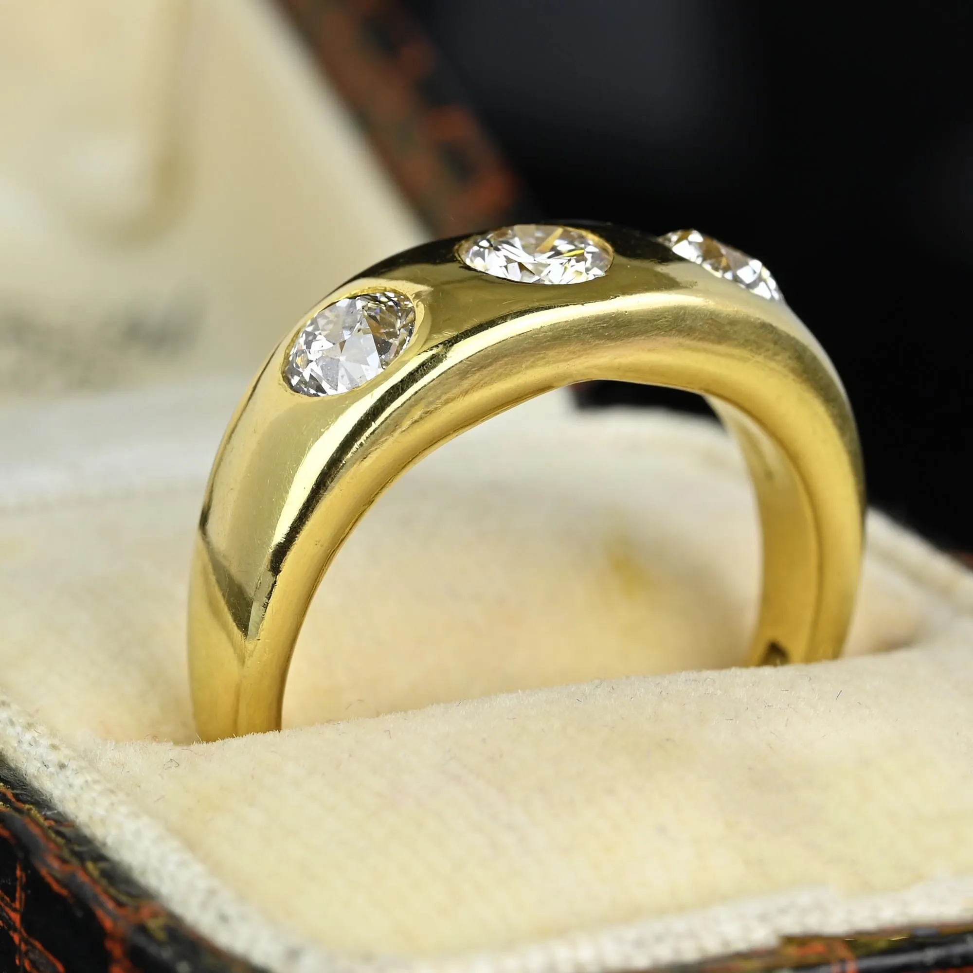 Antique 18K Gold Three Stone Mine Cut Diamond Ring Band