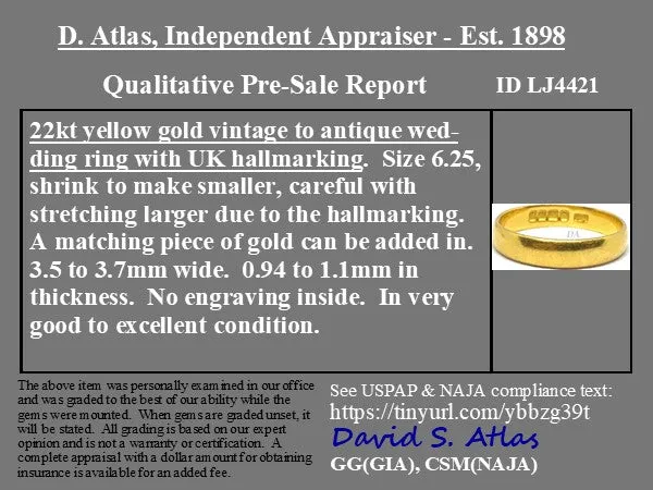 Antique 22kt Gold 3.65mm Band, English