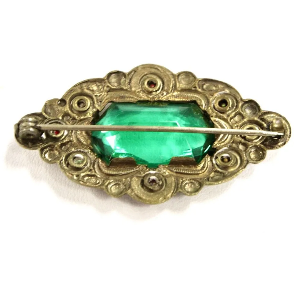 Antique Bronze Victorian Pin Faux Emerald Colorful Pin Brooch 1900