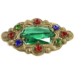 Antique Bronze Victorian Pin Faux Emerald Colorful Pin Brooch 1900