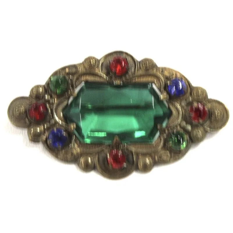 Antique Bronze Victorian Pin Faux Emerald Colorful Pin Brooch 1900